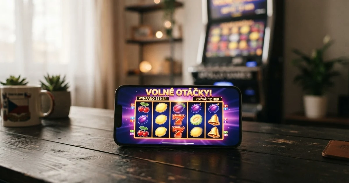 Roztočené válce výherního automatu s nápisem Free Spins na displeji, v popředí mobilní telefon zobrazující casino