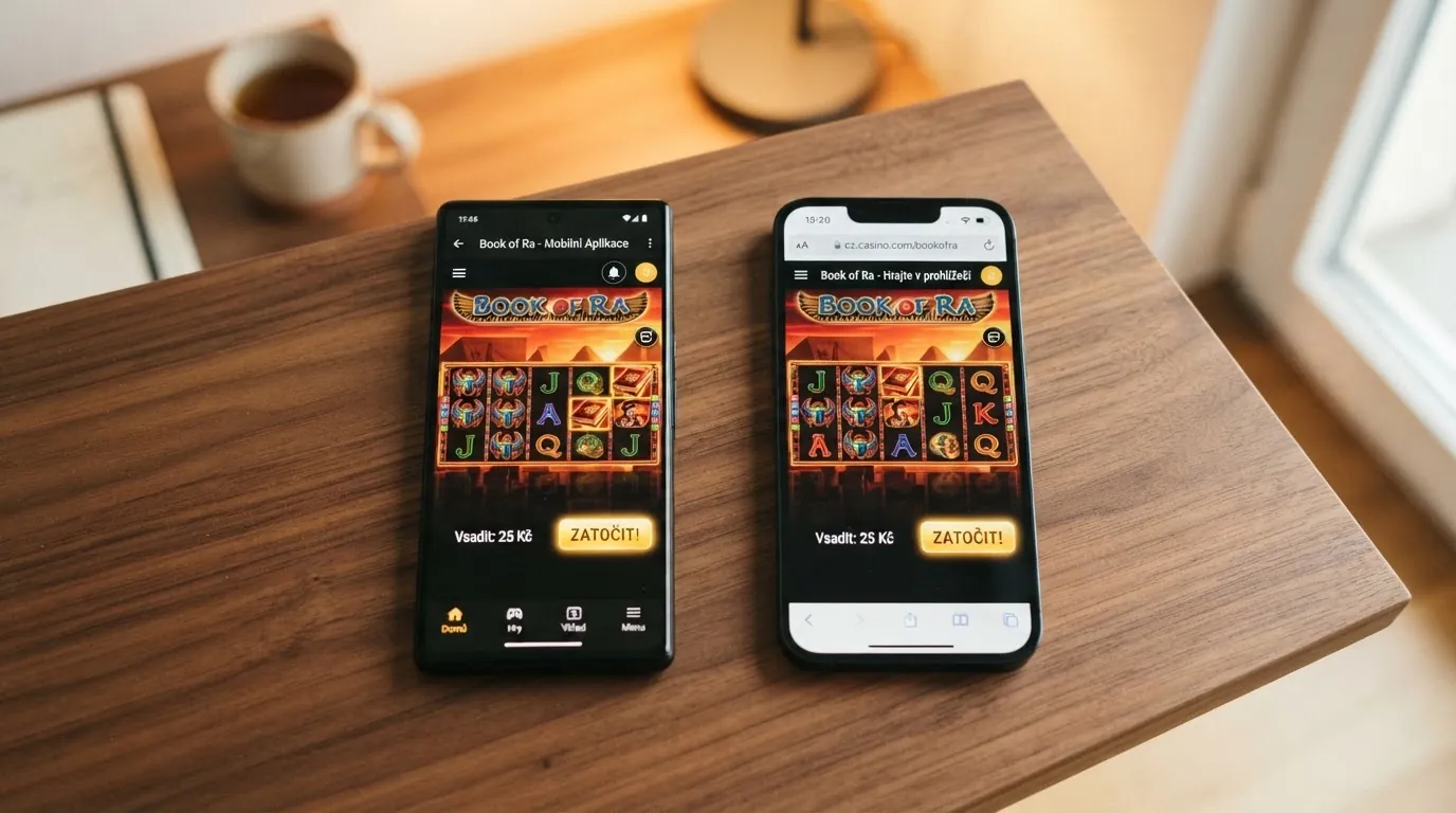 Vedle sebe ležící telefon s otevřenou casino aplikací a druhý s casino webem v prohlížeči — stejná hra, dvě cesty