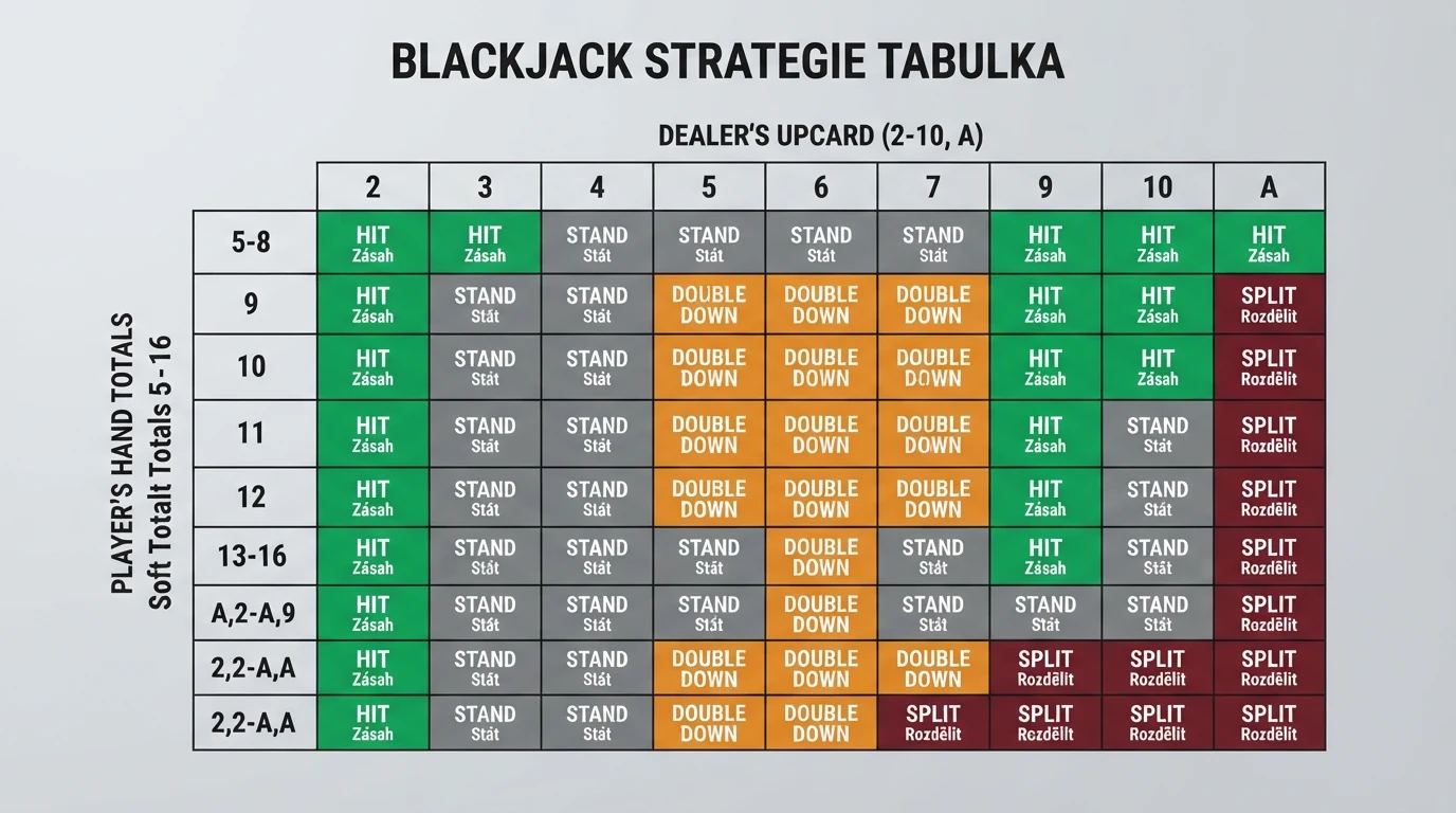Přehledová tabulka základních hráčských rozhodnutí — hit, stand, double down, split