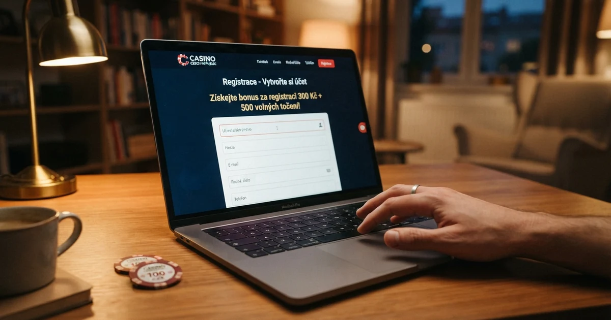 Hráč u notebooku s otevřenou registrační stránkou online casina — na obrazovce je vidět formulář a nápis „bonus za registraci“