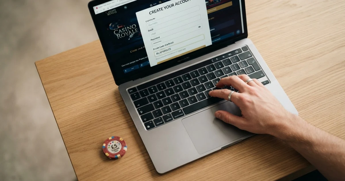 Hráč u notebooku vyplňuje registrační formulář online casina, do kolonky promo kód vpisuje bonusový kód