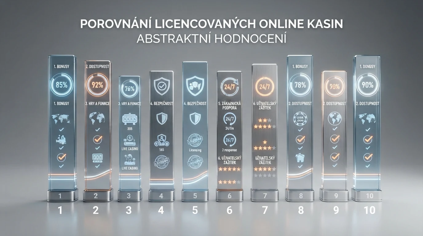 Srovnávací tabulka deseti legálních online casin s Adell hrami — zvýrazněné sloupce s licencí MF ČR a Adell jackpotem