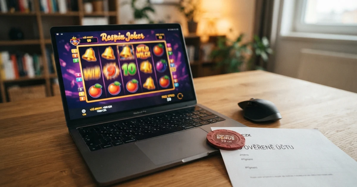 Ruleta a výherní automat s roztočenými válci na displeji notebooku, vedle leží český občanský průkaz