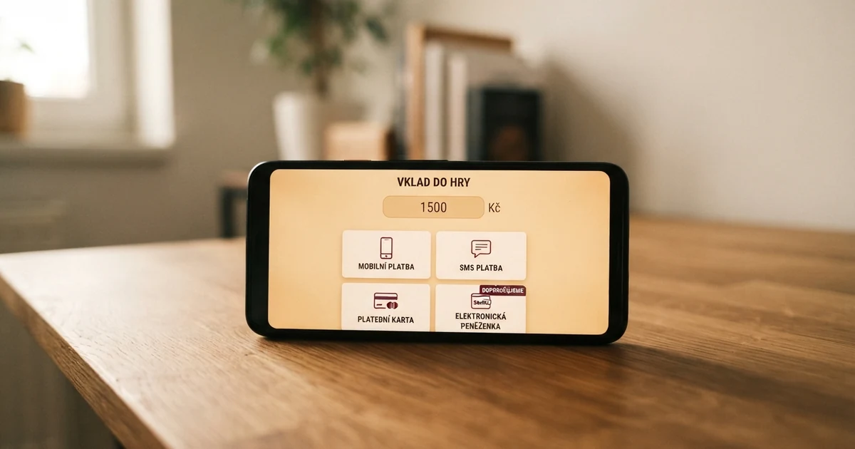 Mobilní telefon s otevřenou casino pokladnou a výběrem platebních metod — m-platba, SMS, karta a e-peněženky vedle sebe