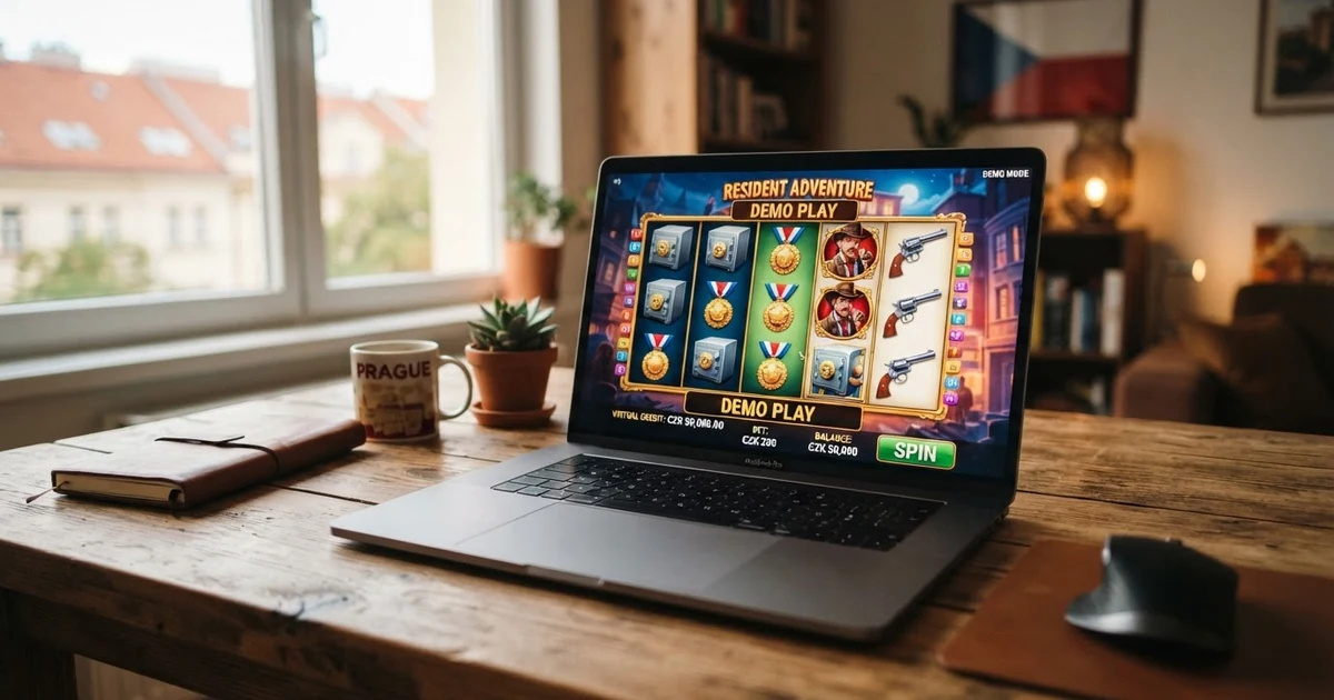 Rozhraní online automatu v demo režimu s virtuálními kredity na obrazovce notebooku