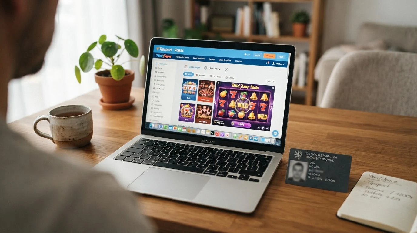 Rozhraní legálního online casina s českou licencí na obrazovce notebooku — vedle něj leží občanský průkaz jako symbol ověření totožnosti
