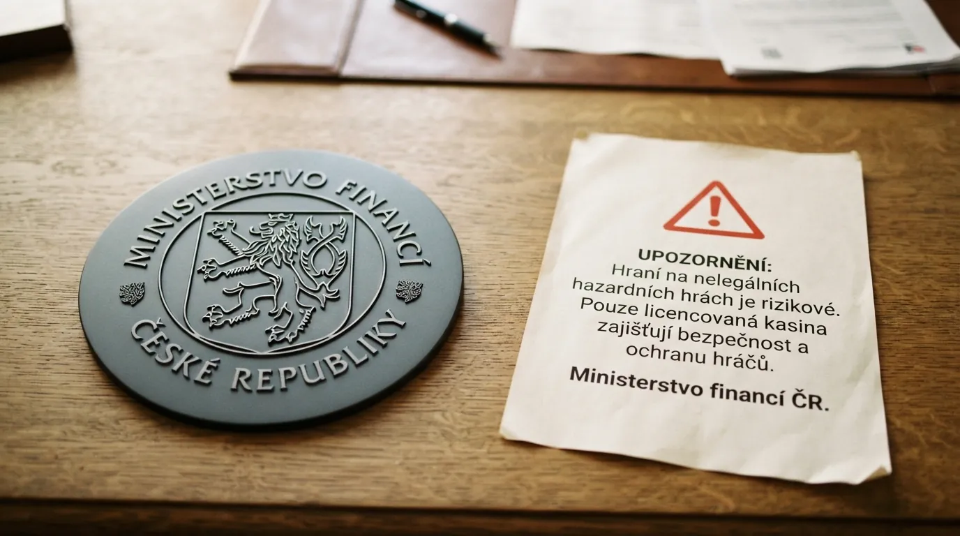 Logo Ministerstva financí ČR vedle varovného symbolu a úřední pečeti — kontrast mezi licencovaným a neregulovaným prostředím