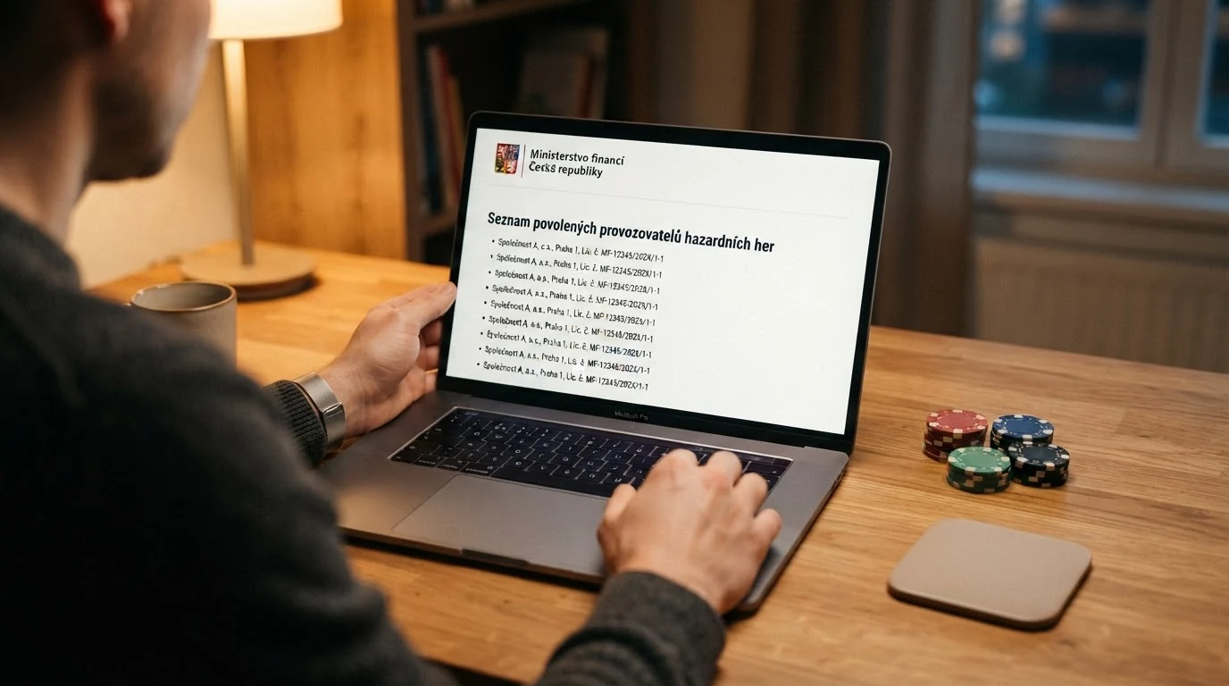 Znak Ministerstva financí ČR vedle seznamu licencovaných provozovatelů
