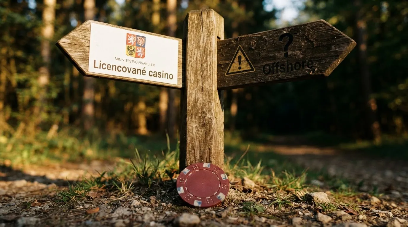Rozcestník se dvěma směry — nalevo symbol Ministerstva financí ČR se státním znakem, napravo výstražný trojúhelník s otazníkem na černém pozadí