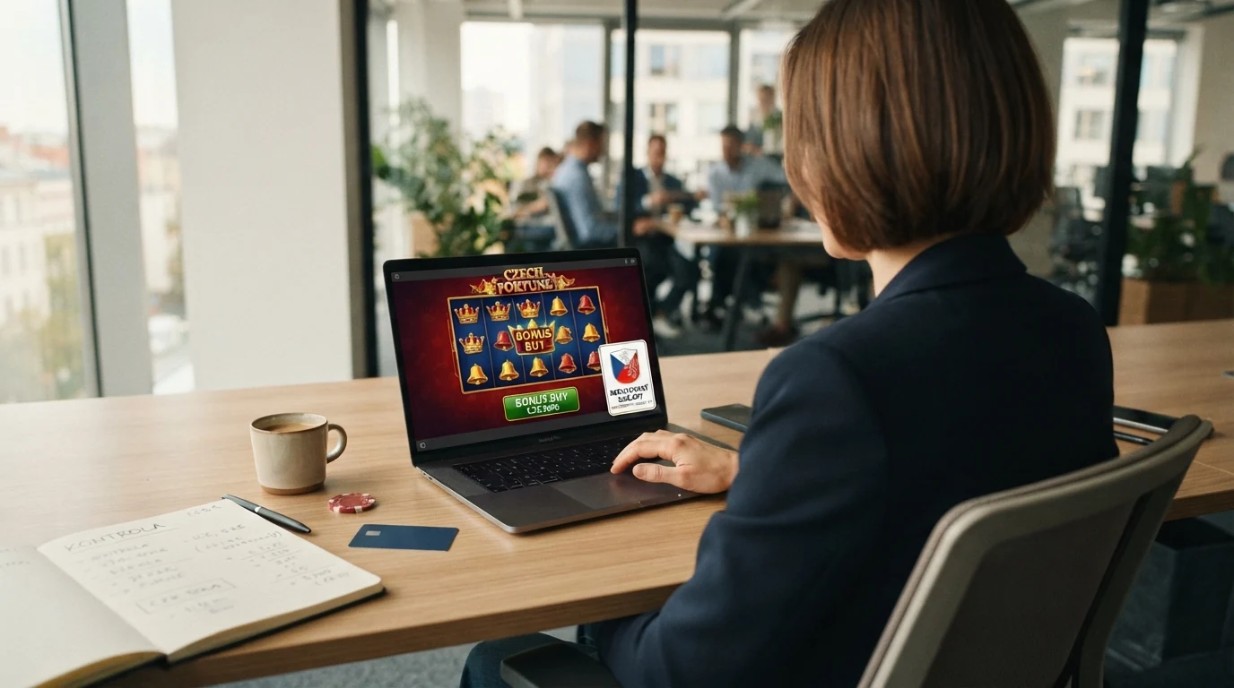 Logo Ministerstva financí ČR a symbol české licence pro hazardní hry vedle znázornění bonus buy tlačítka na automatu
