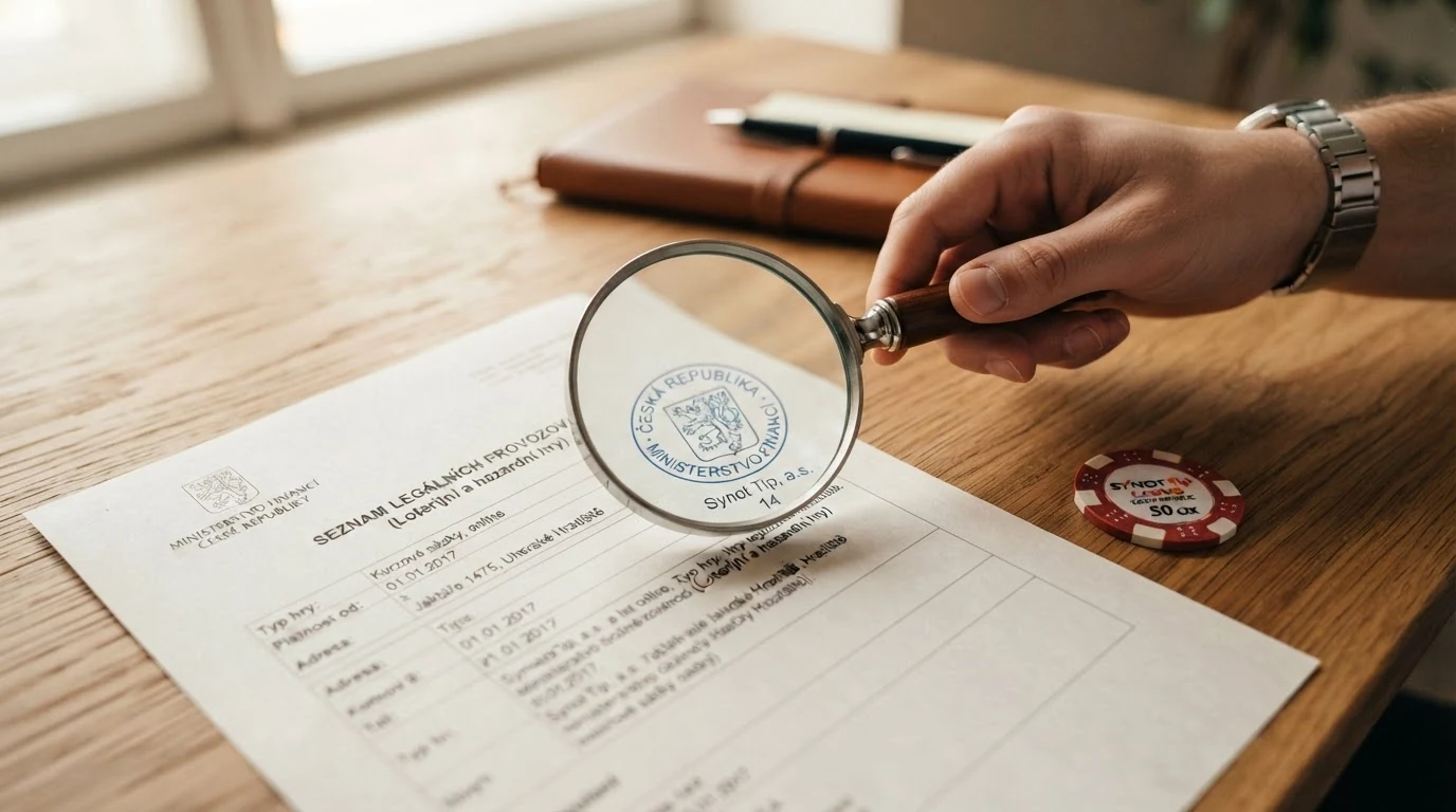 Detail úředního dokumentu s razítkem Ministerstva financí ČR a lupou — symbol ověření licence