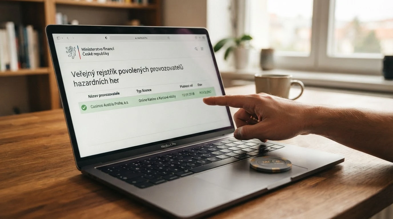 Výřez z veřejného Seznamu legálních provozovatelů MF ČR vedle ikony ověření totožnosti