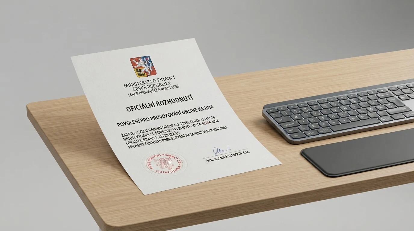 Dokument s razítkem Ministerstva financí ČR položený vedle klávesnice, na obrazovce otevřený Seznam legálních provozovatelů hazardních her