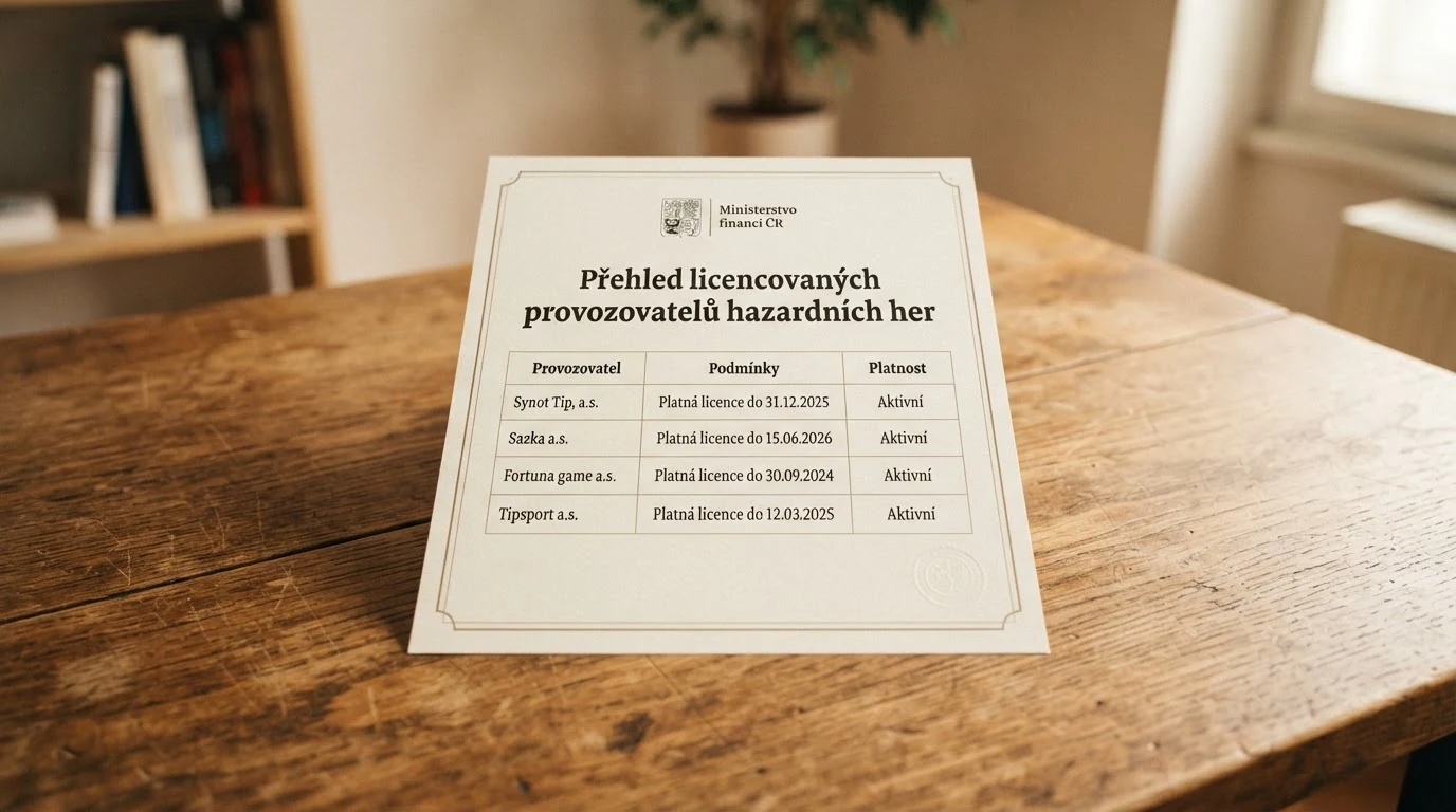 Úřední dokument s logem Ministerstva financí ČR a razítkem licence pro online casina