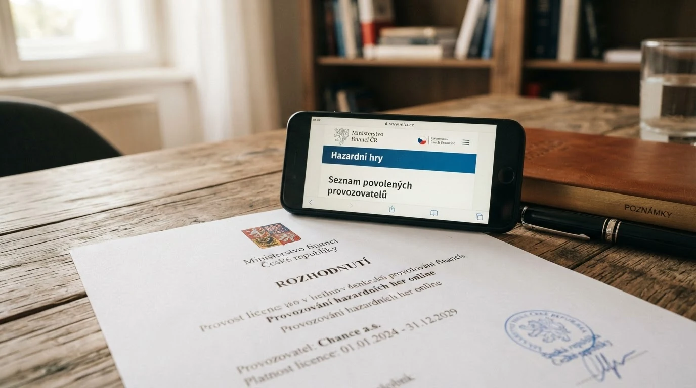 Úřední dokument nebo pečeť Ministerstva financí ČR vedle mobilního telefonu s kasinem