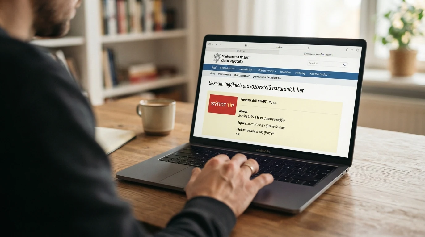 Snímek obrazovky s logem MF ČR v patičce licencovaného online casina a vedle něj varovný symbol nepovoleného webu