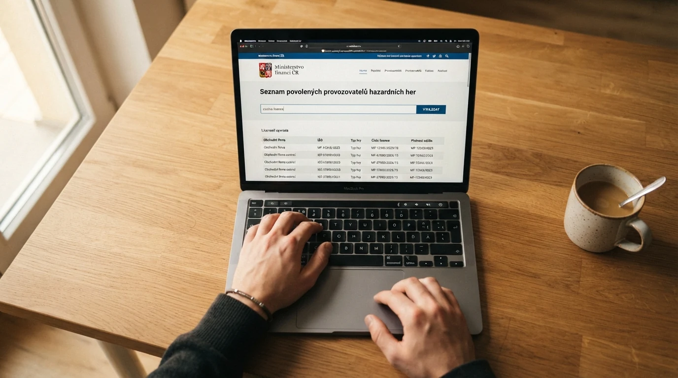 Logo Ministerstva financí ČR a ukázka výpisu z registru legálních provozovatelů hazardních her