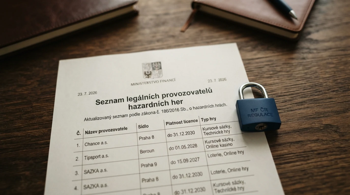 Výřez oficiálního dokumentu s textem zákona o hazardních hrách vedle ikony zámku a loga Ministerstva financí ČR