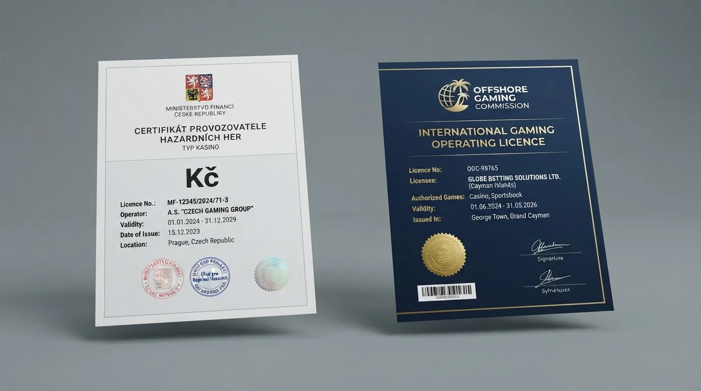Dva typy licenčních dokumentů vedle sebe — oficiální osvědčení MF ČR a certifikát Curaçao eGaming