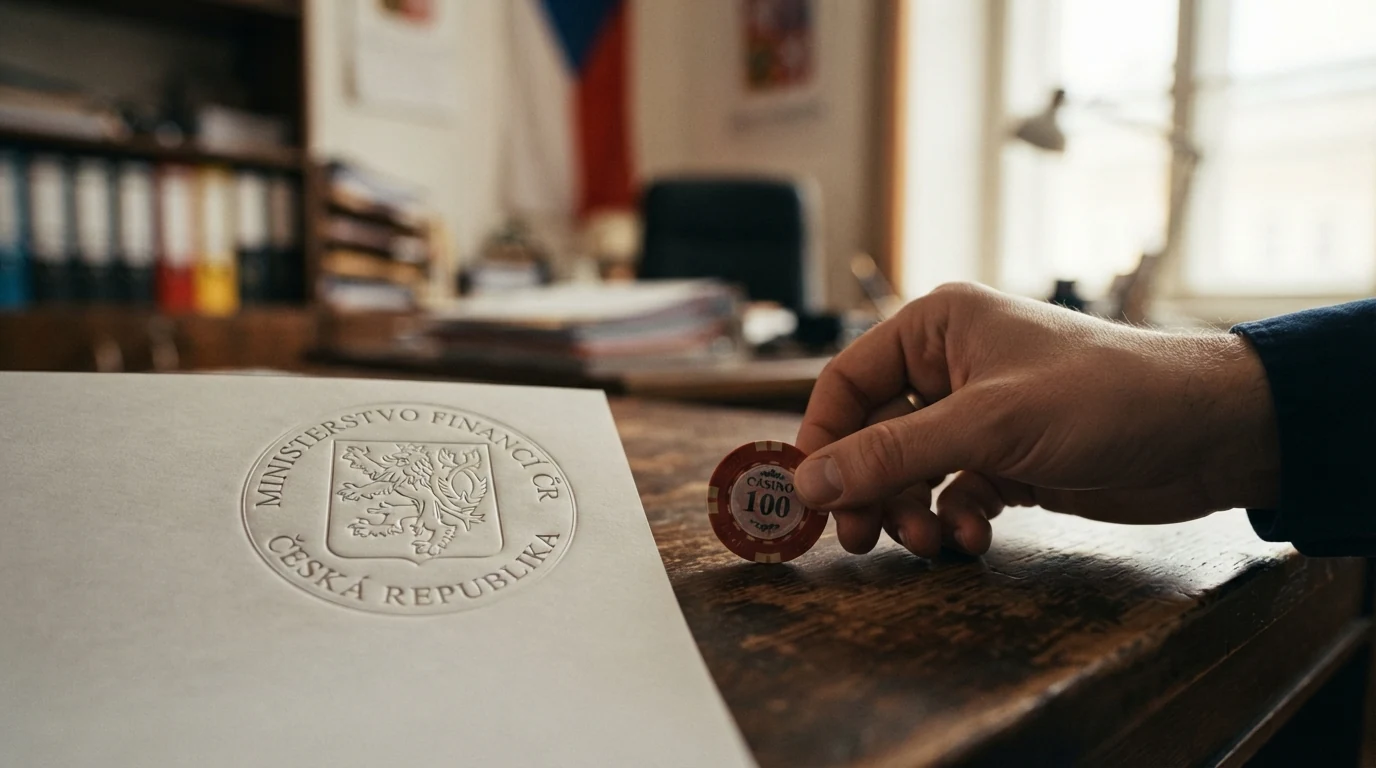 Pečetní razítko Ministerstva financí ČR vedle bitcoinové mince — kontrast oficiální licence a decentralizované měny