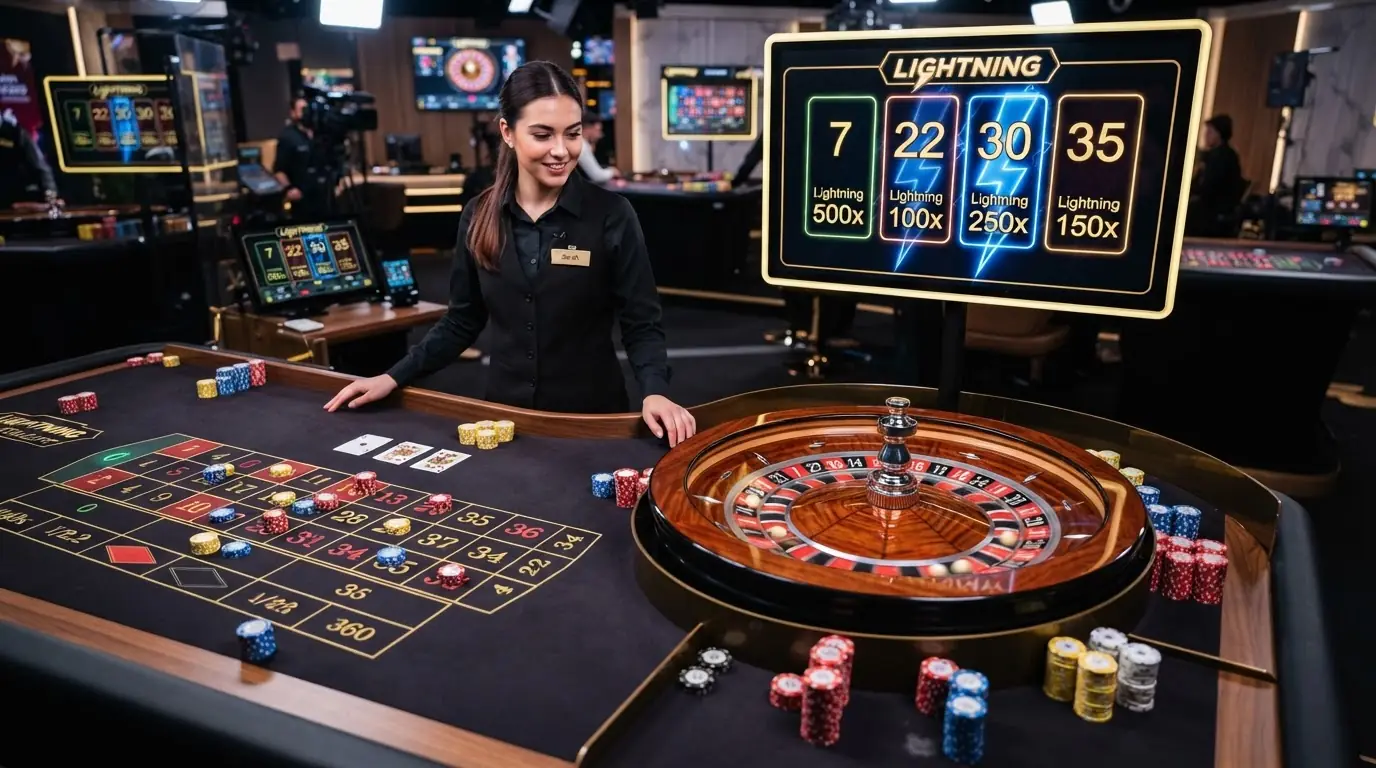 Herní plán rulety Lightning Roulette se zvýrazněnými násobiči na číslech