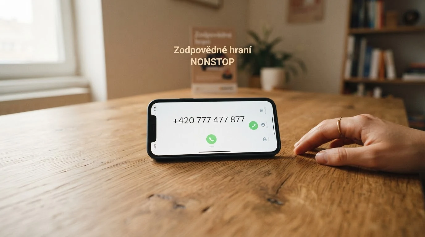 Telefon s vytočenou linkou pomoci, v pozadí logo Zodpovědné hraní a nápis NONSTOP