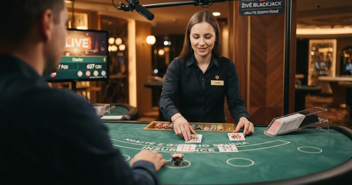 Živý krupiér rozdává karty u blackjackového stolu v kasinovém studiu