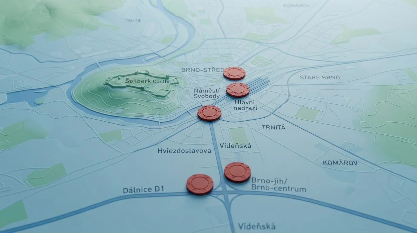 Mapa Brna a jižního okolí s vyznačenými body znázorňujícími polohu kasin
