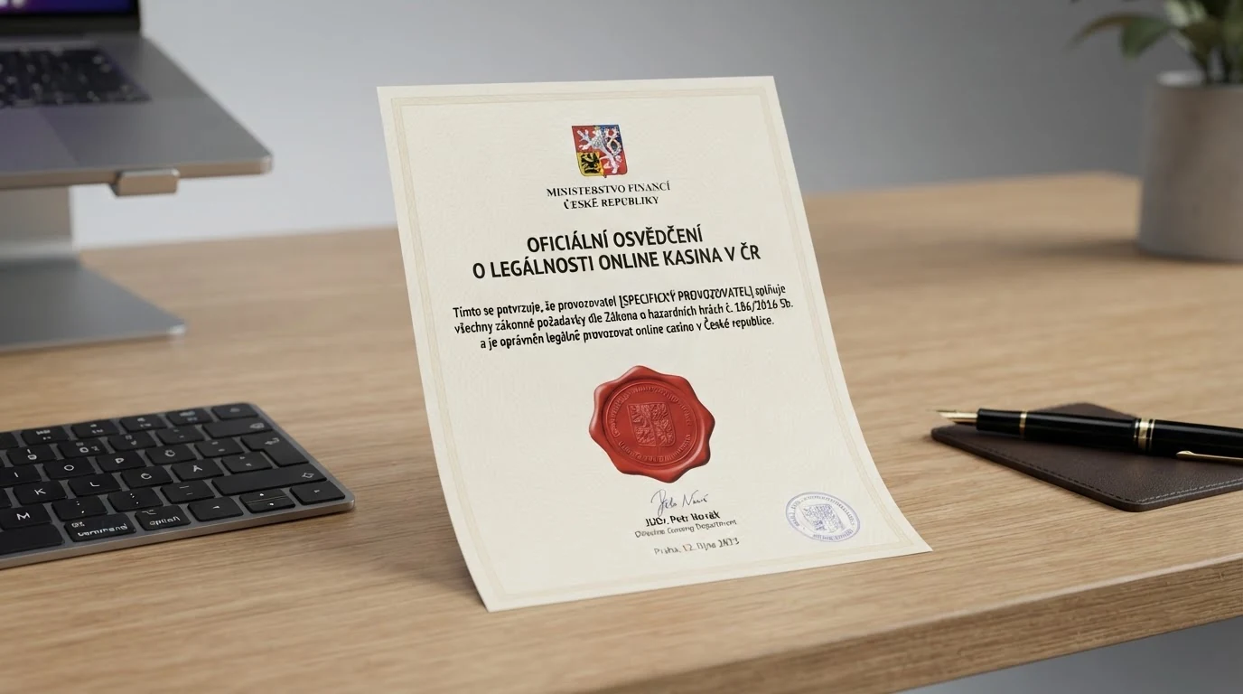 Úřední dokument s razítkem Ministerstva financí ČR a textem zákona o hazardních hrách, položený na stole vedle klávesnice