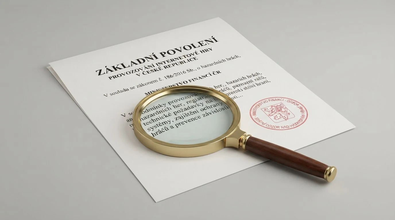 Úřední dokument se základním povolením MF ČR a razítkem, vedle něj lupa odhalující text zákona o hazardních hrách.