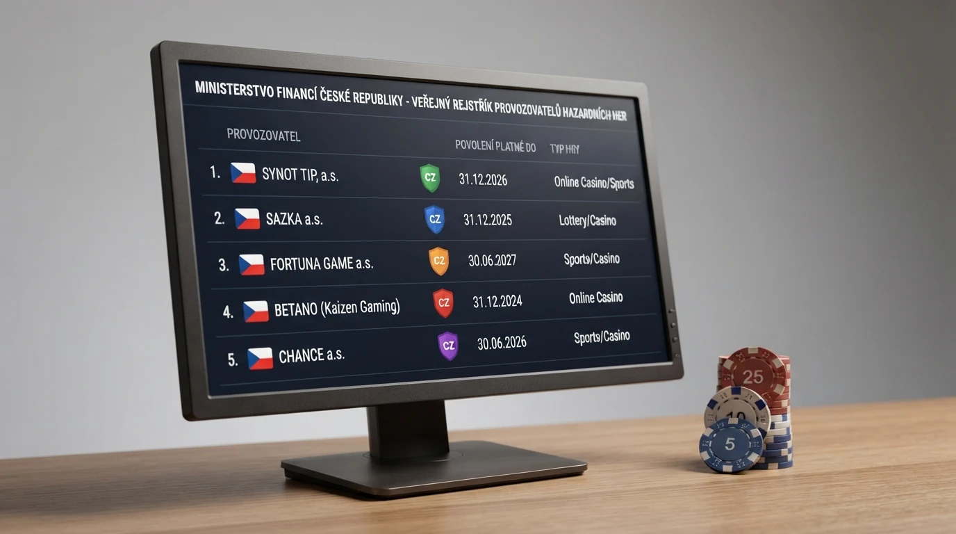 Úřední výpis z registru MF ČR na monitoru vedle log licencovaných českých casin
