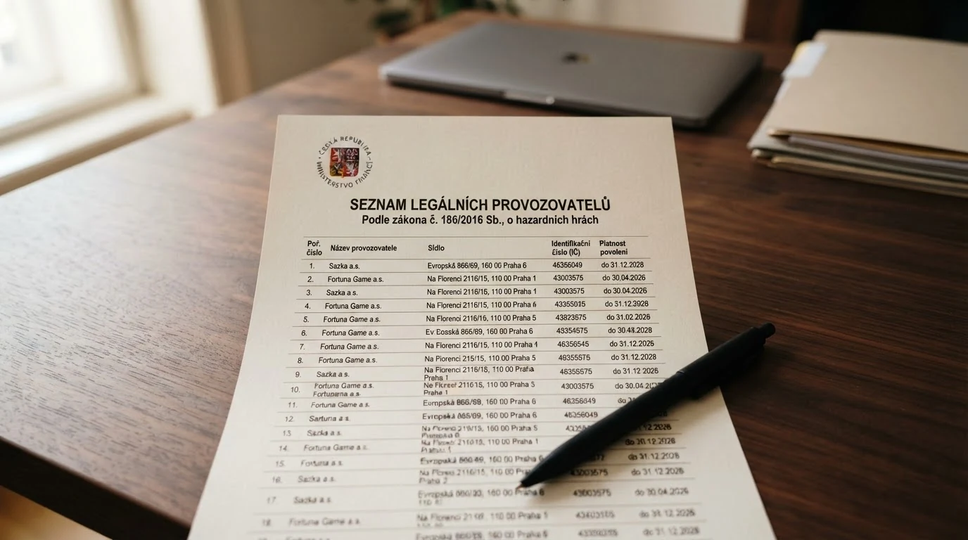 Úřední dokument s logem Ministerstva financí ČR a výňatkem ze Seznamu legálních provozovatelů