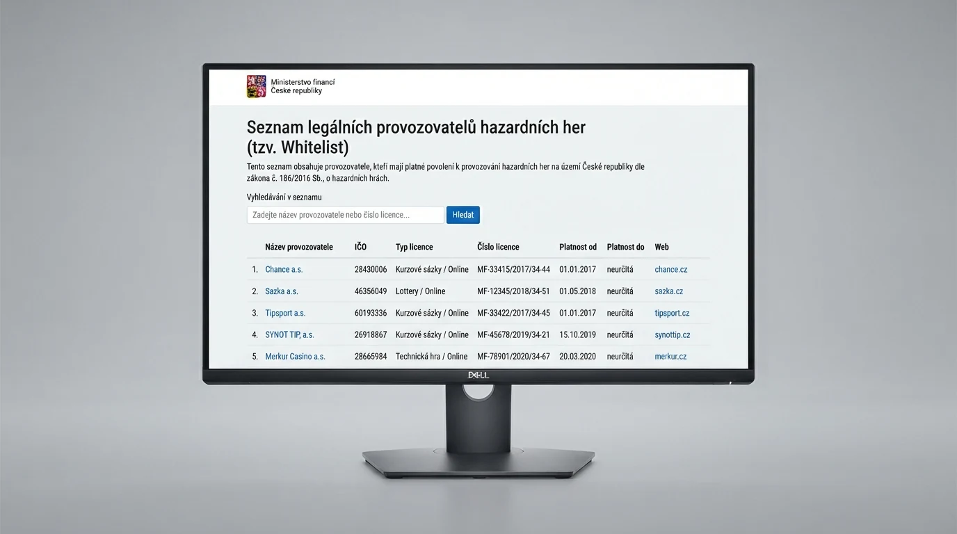 Výřez oficiální webové stránky Ministerstva financí ČR se seznamem držitelů licence k provozování hazardních her