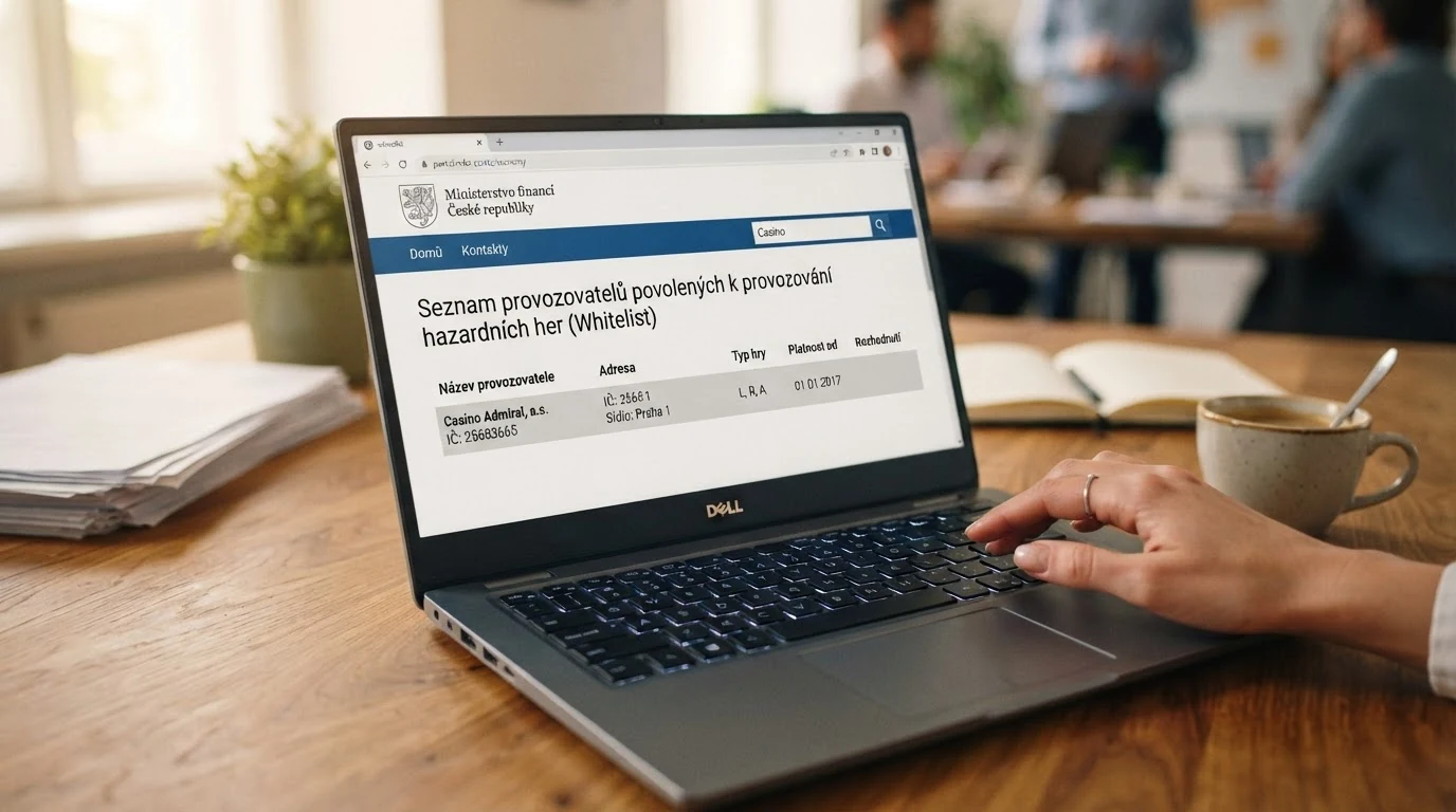 Výřez obrazovky s veřejným registrem MF ČR — zvýrazněné číslo jednací licence a název provozovatele