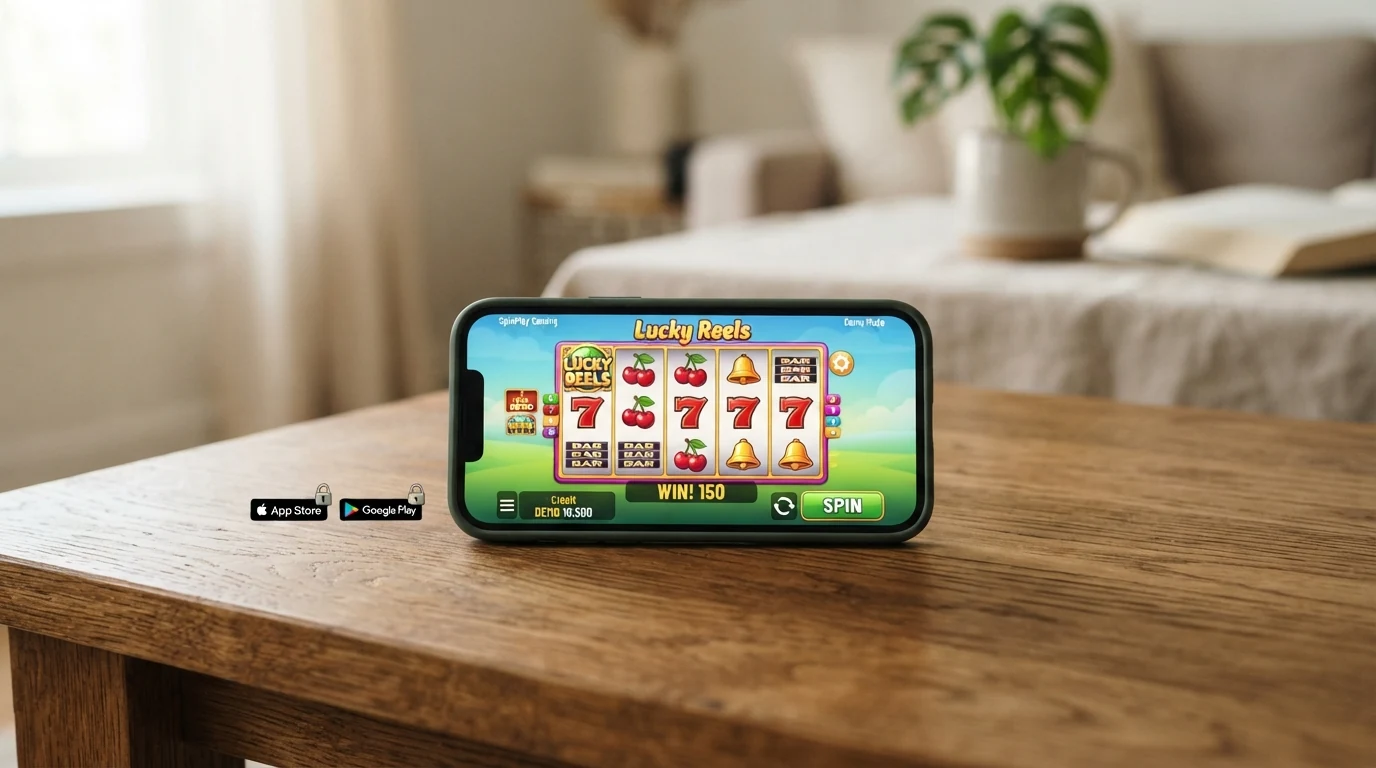 Displej telefonu s otevřenou casino aplikací v režimu demo — vedle něj ikony Google Play a App Store s bezpečnostními zámky