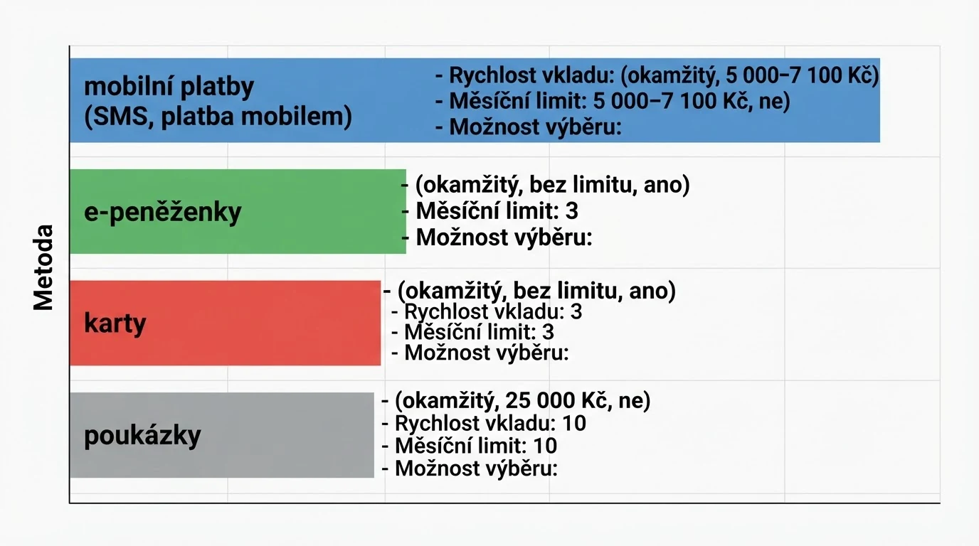 Infografika srovnávající čtyři hlavní skupiny metod (mobil, e-peněženky, karta, poukázky) podle rychlosti vkladu, limitu a možnosti výběru