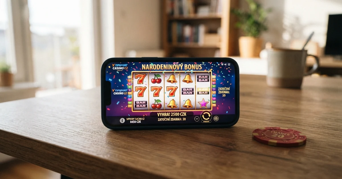 Dárková krabice s logy online kasin a nápisem narozeninový bonus, vedle symboly free spinů a věrnostních bodů