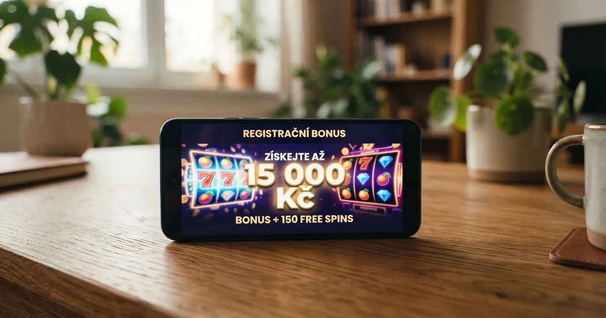 Mobilní telefon s otevřenou stránkou českého online casina — na obrazovce uvítací nabídka bonusu za registraci