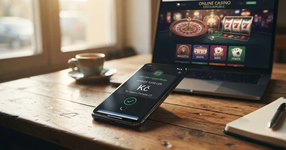 iPhone s otevřenou aplikací Wallet a logem Apple Pay na displeji, v pozadí rozhraní online kasina
