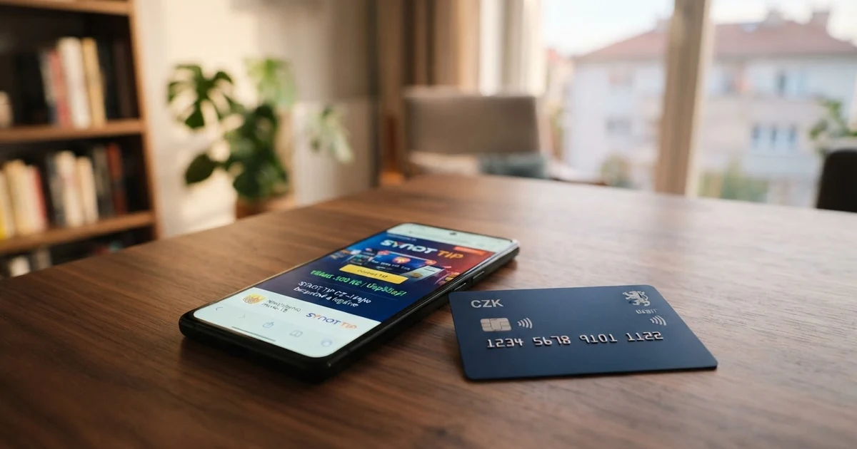 Plastová platební karta Mastercard položená na klávesnici notebooku s otevřenou stránkou online casina na displeji