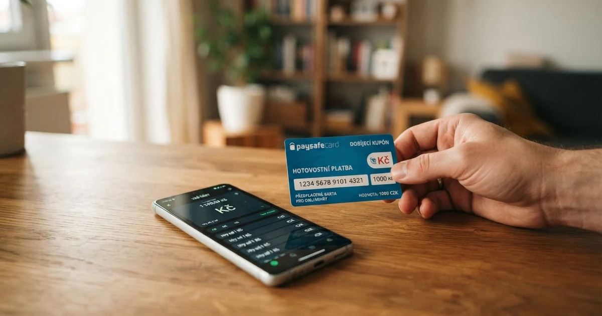 Předplacená Paysafecard karta a logo českého licencovaného online casina na displeji mobilního telefonu