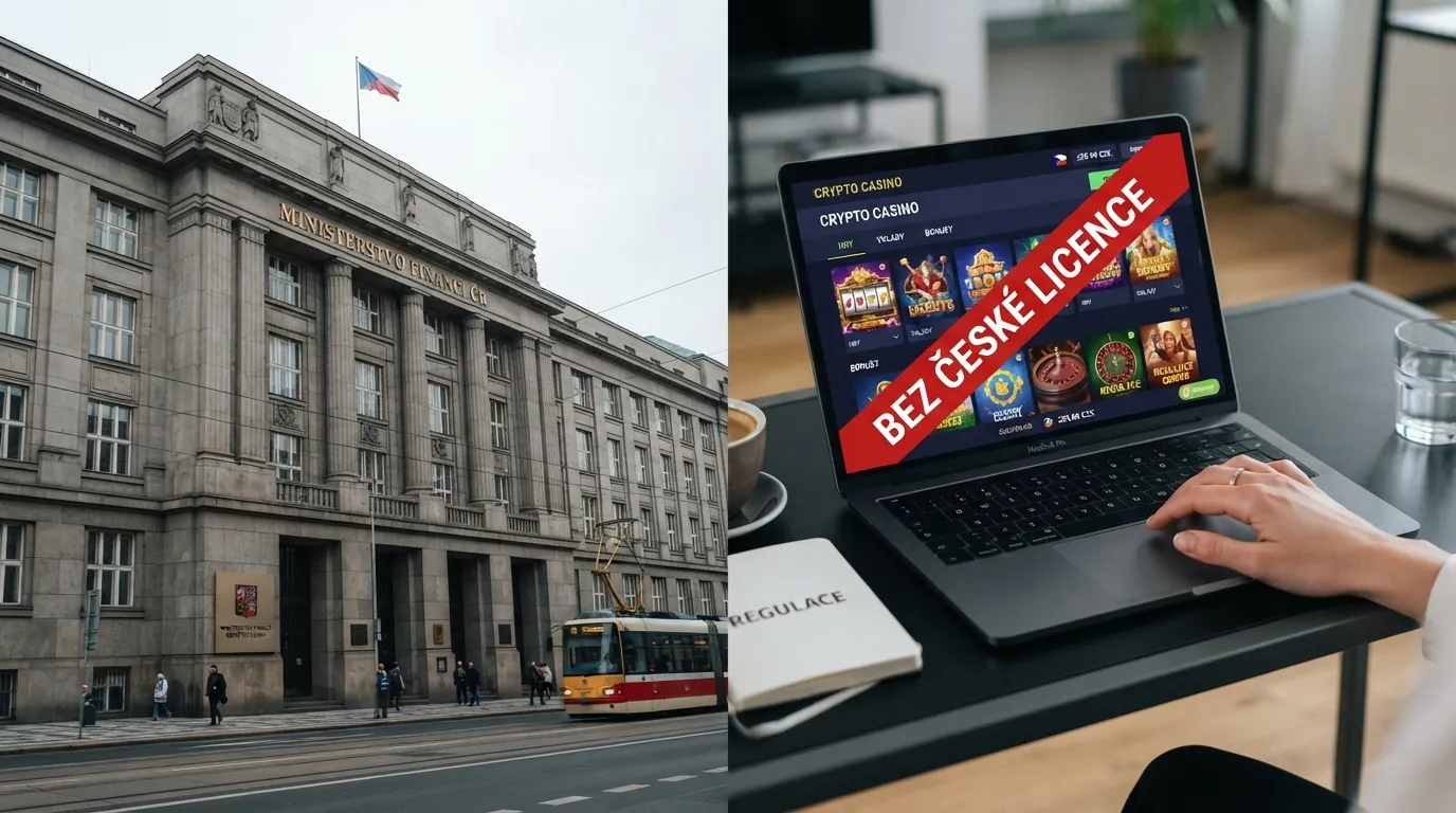 Rozdělená obrazovka — vlevo budova MF ČR s nápisem licence, vpravo offshore kasino s varovným pruhem