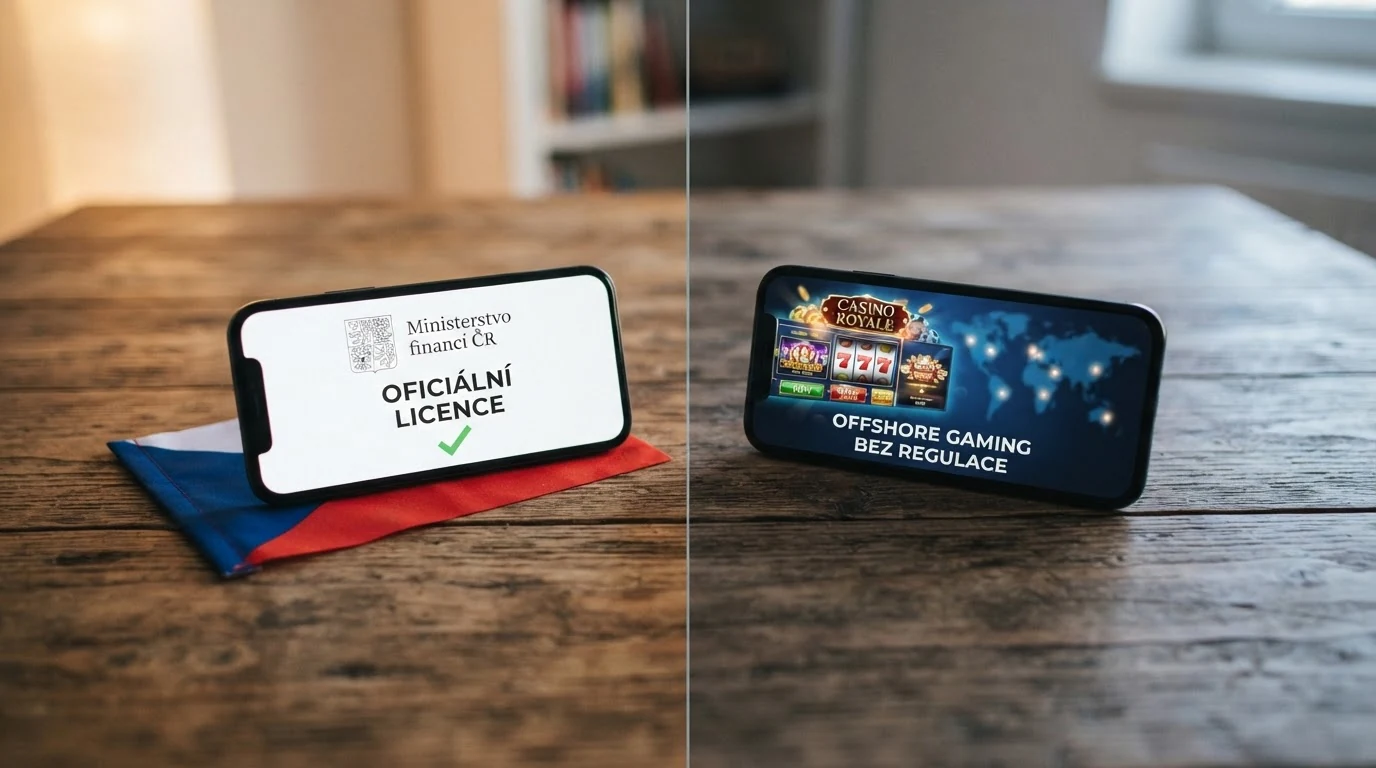 Rozcestník dvou cest — vlevo symbol české licence a ochrany, vpravo symbol offshore provozu bez záruk