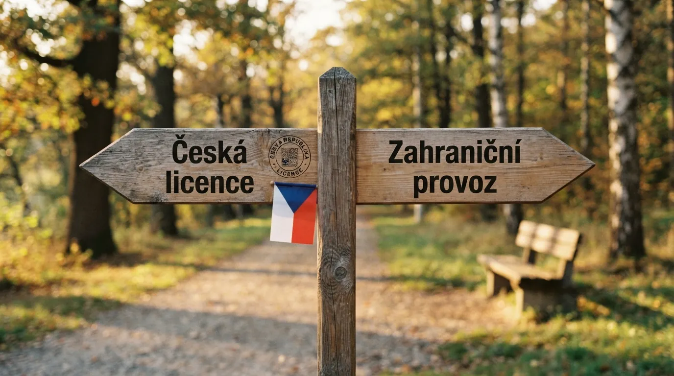 Rozcestník se dvěma směry: česká licence s razítkem dohledu a zahraniční provoz bez něj