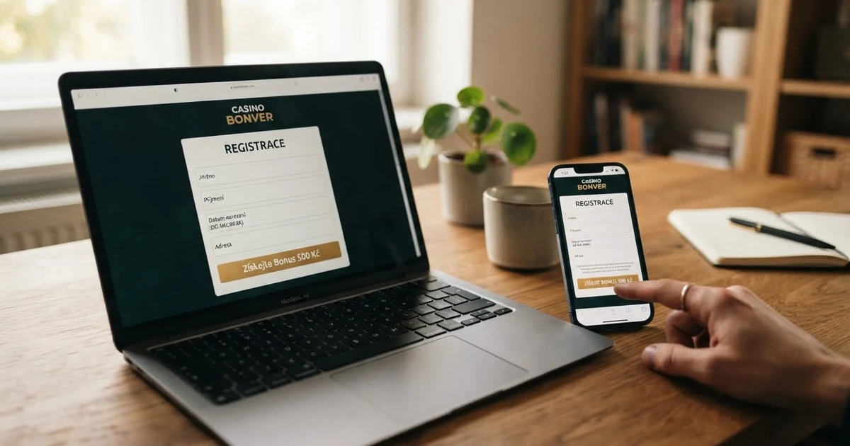 Registrační formulář českého online casina s nabídkou vstupního bonusu bez vkladu na monitoru notebooku a displeji telefonu