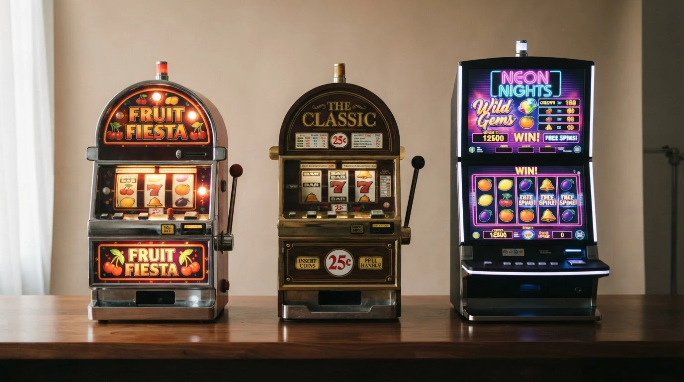 Srovnání tří automatů vedle sebe — ovocný automat s třešněmi a citrony, klasický tříválcový automat a moderní video slot