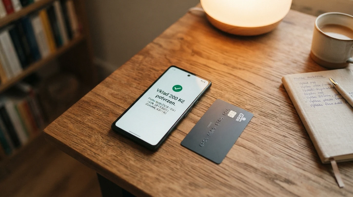 Mobilní telefon zobrazující potvrzení vkladu přes SMS a platební kartu vedle notebooku s otevřeným kasinem