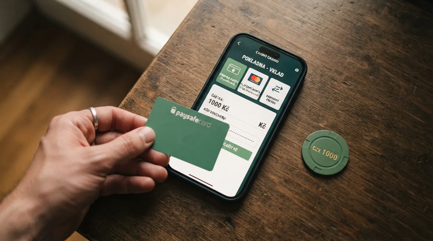 Výřez pokladny zahraničního online casina s logy platebních metod Paysafecard, karty a převodu