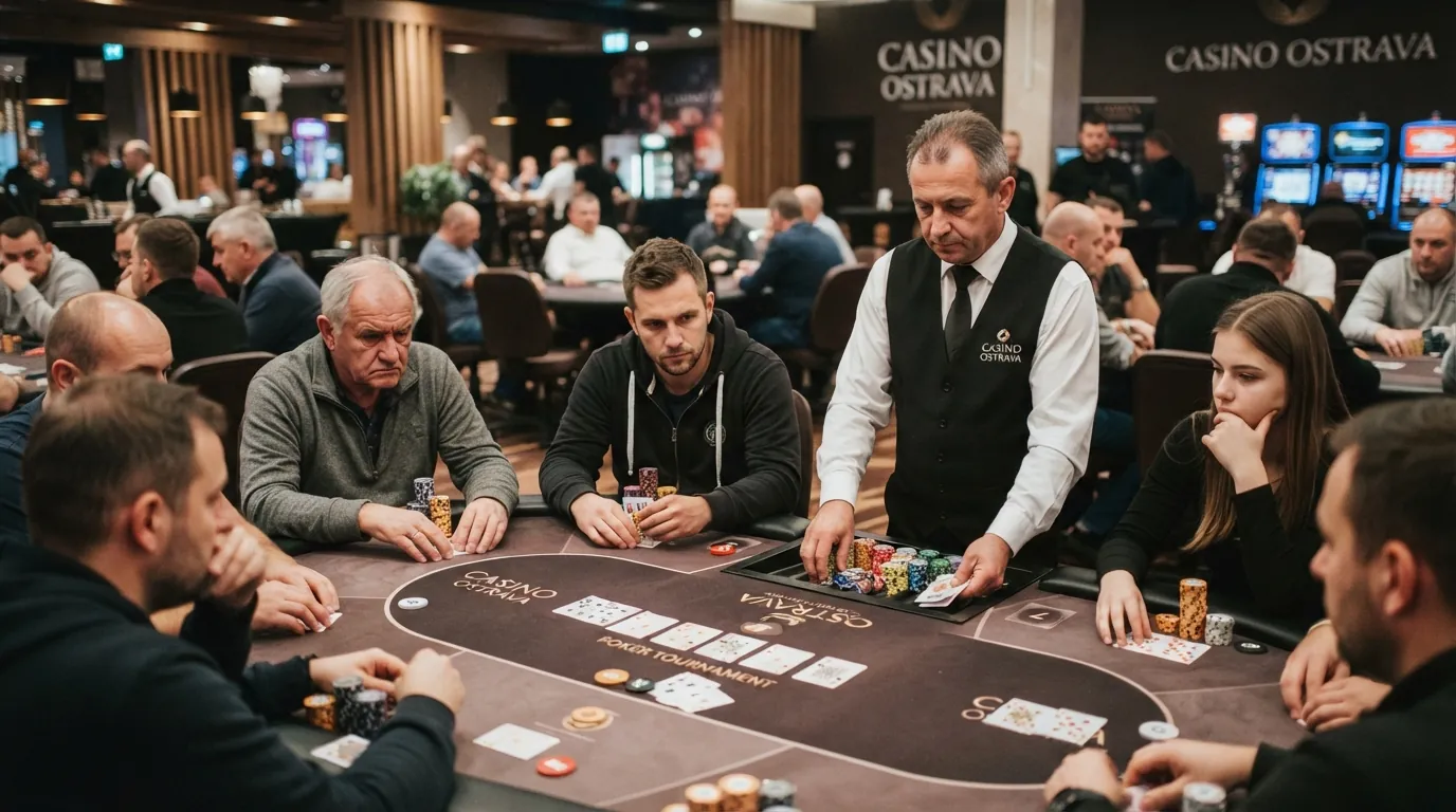 Hrací stůl s krupiérem a hráči během pokerového turnaje v ostravském kasinu