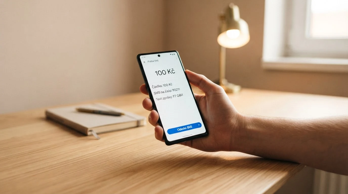 Ukázka kroků vkladu přes SMS na displeji telefonu: výběr částky, odeslání zprávy a potvrzení o připsání.